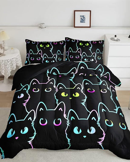 Axolotl Kids Bedding Cartoon Cat Comforter Set Queen Size,Gradient Line Cute Cat Bedding Set for Teens Kids Boys Girls Adults Room Decor,Kids Comforter Set All Season,1 Comforter 2 Pillow Cases,Black - LeafyLoom