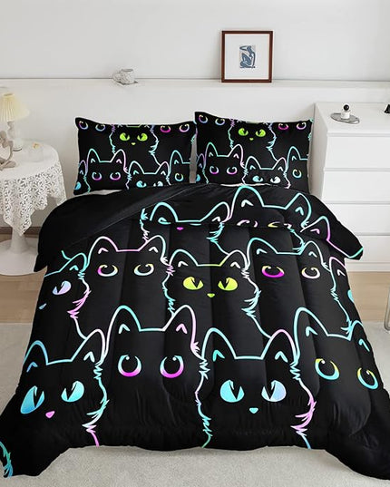 Axolotl Kids Bedding Cartoon Twin Size,Gradient Line Cute Cat Bedding Set for Teens Kids Boys Girls Adults Room Decor, All Season,1 Comforter 2 Pillow Cases,Black - LeafyLoom