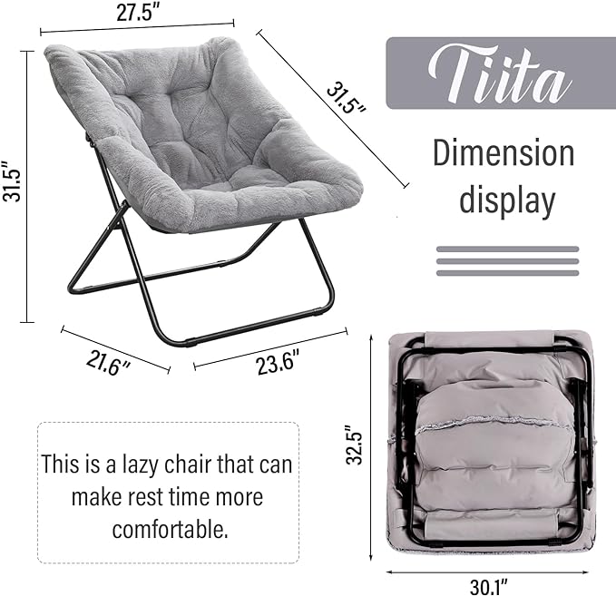 Tiita Comfy Saucer Chair, Soft Faux Fur Oversized Folding Accent Chair, Lounge Lazy Chair for Kids Teens Adults, Metal Frame Moon Chair for Bedroom, Living Room, Dorm Rooms, X-Large, Grey - LeafyLoom