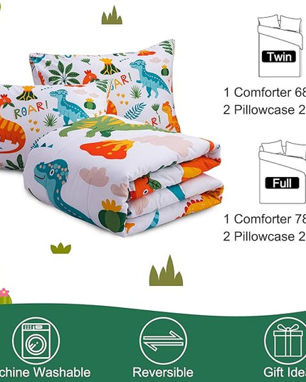 Meeting Story Dinosaur Bedding Set for Boys, Dinosaur Colorful Pattern Style Full Comforter Set, 3 PCS 1 Comforter and 2 Pillowcases in One Bag(Full,White) - LeafyLoom