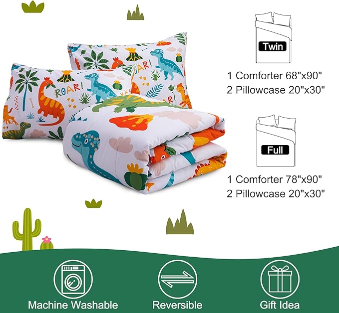 Meeting Story Dinosaur Bedding Set for Boys, Dinosaur Colorful Pattern Style Full Comforter Set, 3 PCS 1 Comforter and 2 Pillowcases in One Bag(Full,White) - LeafyLoom