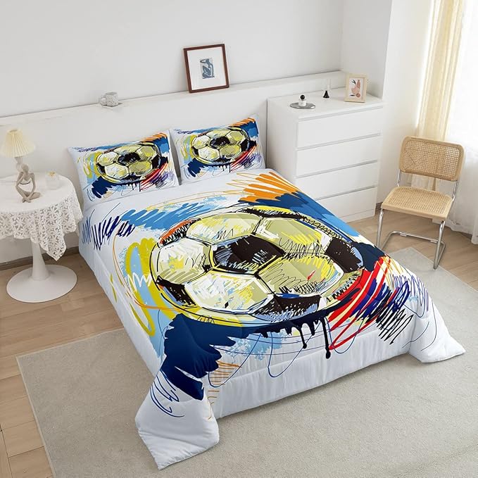 Erosebridal Soccer Twin Comforter Set for Boys Soccer Bedding Set Kids Sports Football Down Comforter for Girls Teen Room Decor Colorful Hip Hop Graffiti Quilt Duvet Insert 1 Pillow Case - LeafyLoom