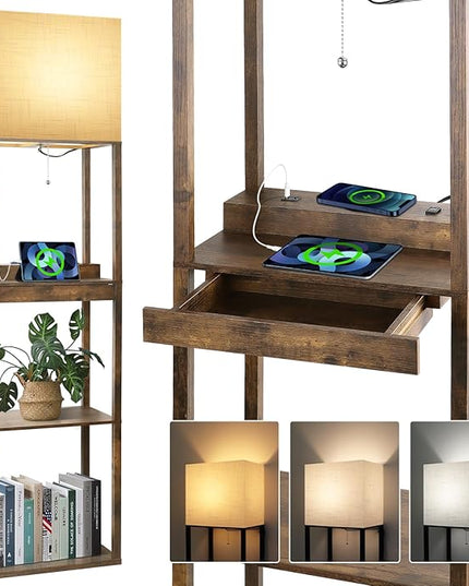 Dott Arts Floor Lamp with Shelves, wide Shelf Lamp with Wireless Charger & USB A+C Ports & 2 AC Outlets,3 Color Temperature Corner Tall Standing Floor Lamps for Living Room, Bedroom, Office (Brown) - LeafyLoom