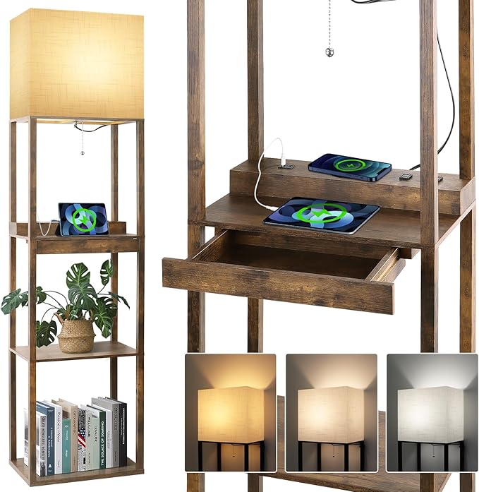 Dott Arts Floor Lamp with Shelves, wide Shelf Lamp with Wireless Charger & USB A+C Ports & 2 AC Outlets,3 Color Temperature Corner Tall Standing Floor Lamps for Living Room, Bedroom, Office (Brown) - LeafyLoom