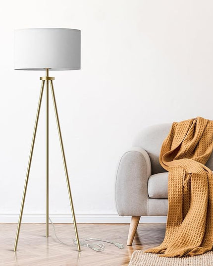 Tripod Floor Lamps for Living Room, Modern Standing Lamp with Drum Shade, Simple Industrial Tall Lamp, 9W LED Bulb Included - Brass - LeafyLoom