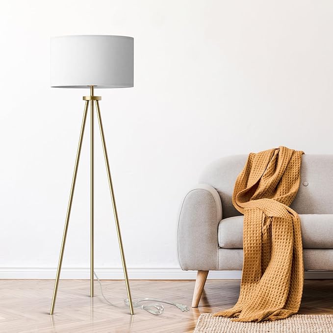 Tripod Floor Lamps for Living Room, Modern Standing Lamp with Drum Shade, Simple Industrial Tall Lamp, 9W LED Bulb Included - Brass - LeafyLoom