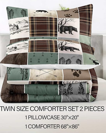 LUVIVIHOME 2PCS Farmhouse Comforter Set, Brown Plaid Patchwork Sage Green Twin Comforter, Black Bear Deer Elk Moose Woodland Forest Animal Wildlife Lodge Country Rustic Cabin Bedding, 1 Pillow Sham - LeafyLoom
