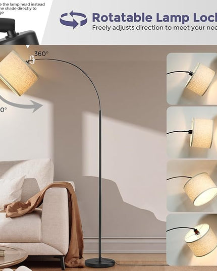 Arc Floor Lamps with Remote Control and Stepless Dimmable Color Temperature and Brightness Standing Lamp with Adjustable Beige Hanging Shade Pole Lamp for Bedroom Office, 9W Bulb Included, Black - LeafyLoom