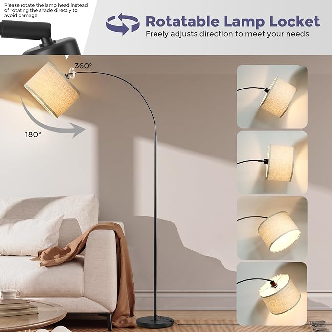 Arc Floor Lamps with Remote Control and Stepless Dimmable Color Temperature and Brightness Standing Lamp with Adjustable Beige Hanging Shade Pole Lamp for Bedroom Office, 9W Bulb Included, Black - LeafyLoom