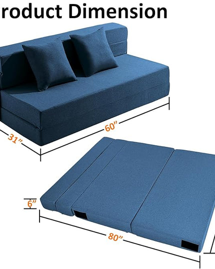 Queen Size Folding Sofa Bed - 4 in 1 Futon Chair with Two Pillows - High Density Memory Foam Foldable Couch with Washable Modern Linen Cover for Home Office (Blue) - LeafyLoom