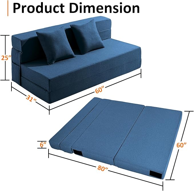 Queen Size Folding Sofa Bed - 4 in 1 Futon Chair with Two Pillows - High Density Memory Foam Foldable Couch with Washable Modern Linen Cover for Home Office (Blue) - LeafyLoom