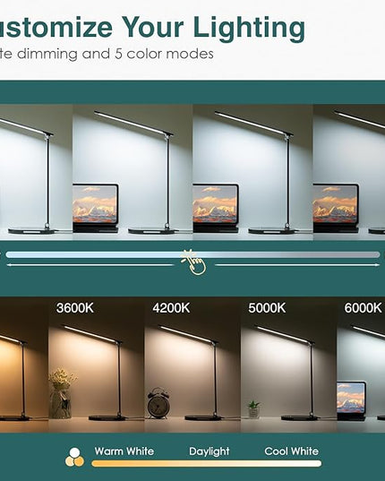 Led Desk Lamp, 3 Light Modes Table Lamp, Dimmable Reading Light For Bedroom with USB Port, Office Desk Lamp with Night Light, Auto-Off Timer Book Lights for College Dorm, Home, Office, Memory Function - LeafyLoom