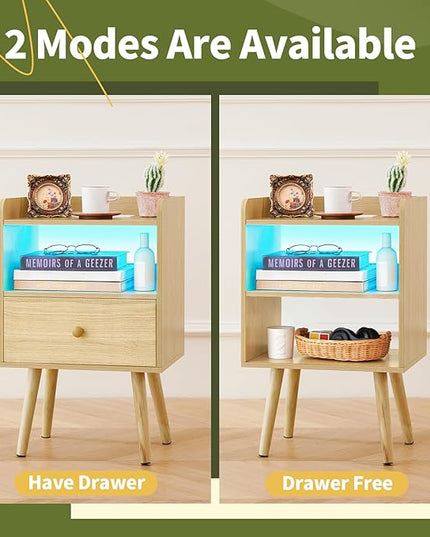 Yoobure Nightstand with Charging Station, Modern Night Stand with LED Lights, Wood Nightstands with Fabric Drawer & Storage Shelf, Night Stands Bedside Table with USB Ports for Bedroom, Office, Home - LeafyLoom