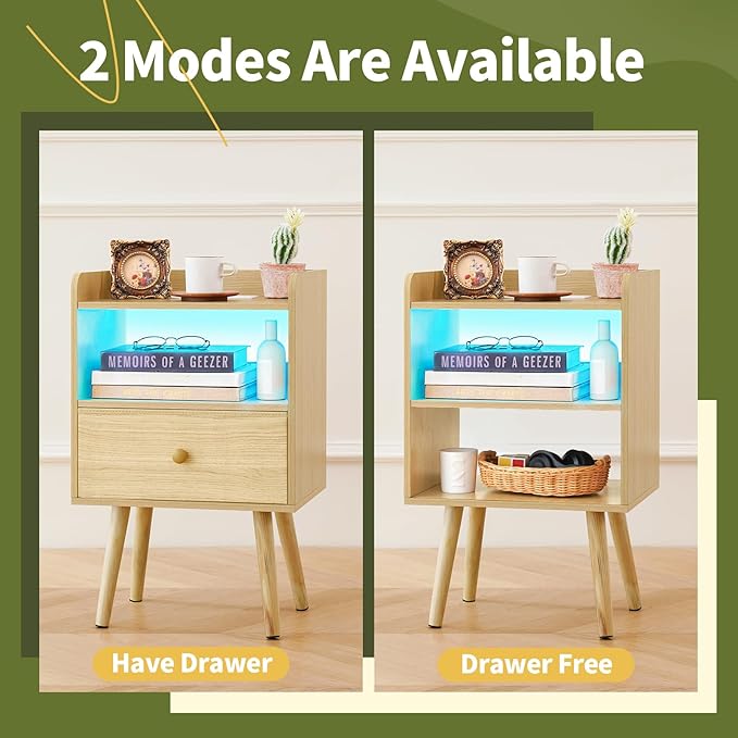 Yoobure Nightstand with Charging Station, Modern Night Stand with LED Lights, Wood Nightstands with Fabric Drawer & Storage Shelf, Night Stands Bedside Table with USB Ports for Bedroom, Office, Home - LeafyLoom