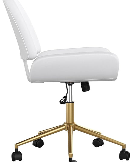Martha Stewart Tyla Armless Swivel Task Chair for Home Office in White Faux Leather with Polished Brass Frame - LeafyLoom