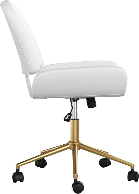 Martha Stewart Tyla Armless Swivel Task Chair for Home Office in White Faux Leather with Polished Brass Frame - LeafyLoom