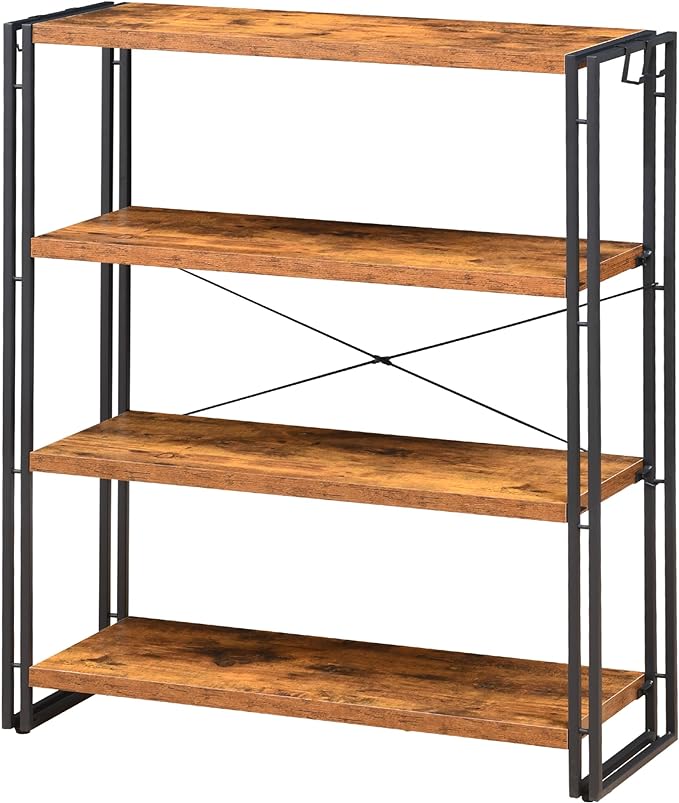 HCHQHS Bookshelf, 4-Tier Industrial Bookcase, Rustic Open Book Shelf, Freestanding Tall Bookshelves with Metal Frame - LeafyLoom