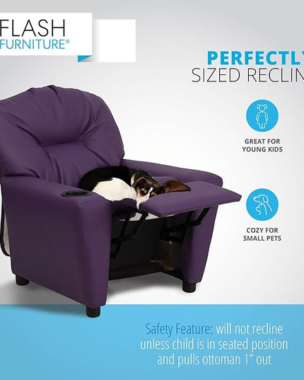 Flash Furniture Chandler Vinyl Kids Recliner with Cup Holder and Safety Recline, Contemporary Reclining Chair for Kids, Supports up to 90 lbs., Purple - LeafyLoom