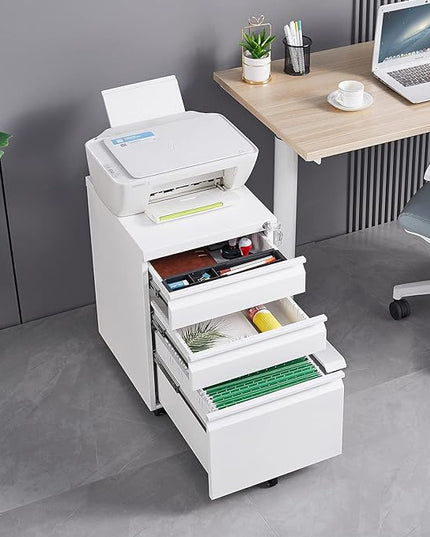 3-Drawer Mobile Lock and 5 Casters,Pre-Assembled Metal Office Storage Filing Cabinets w/ 1 Removable Hanging Rods,for Legal/Letter Size,White - LeafyLoom
