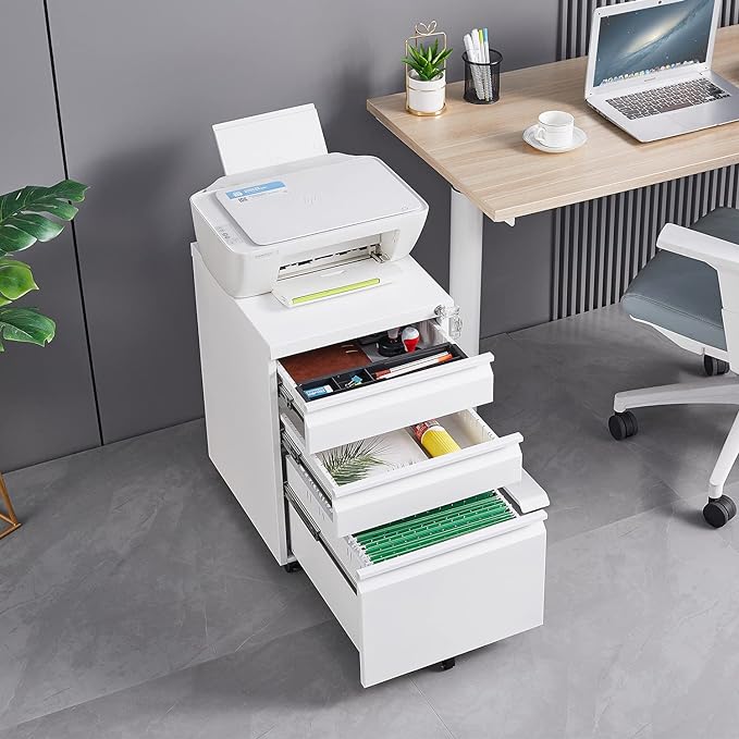 3-Drawer Mobile Lock and 5 Casters,Pre-Assembled Metal Office Storage Filing Cabinets w/ 1 Removable Hanging Rods,for Legal/Letter Size,White - LeafyLoom