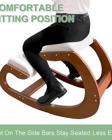 Predawn Ergonomic Kneeling Chair,Rocking Knee Chair Upright Posture Chair for Home Office Meditation Wooden & Linen Cushion-Office Chair for Back Neck Pain Relief & Improving Posture (Pecan) - LeafyLoom