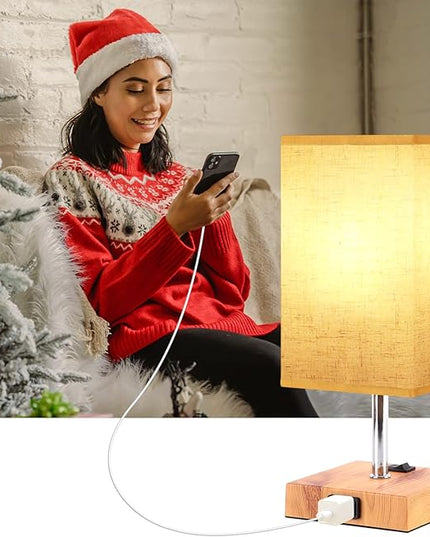 Dott Arts Small Table Lamps for Bedrooms Set of 2,2700K 4000k 5000K Nightstand Lamps with AC Outlets，Minimalist Wood Bedside Lamp with Square Shade,Night Light Lamp for Living Room Kids Room Office - LeafyLoom