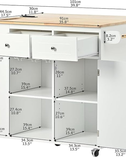 40Inch Kitchen Storage Island Table with Drop Leaf, Power Outlet, Kitchen-Car on 5 Wheels w/Open Cabinets, Drawer and Entire-Side Spice Rack for Dining Room, Home, Kitchen - LeafyLoom
