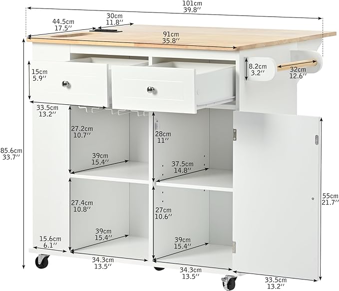 40Inch Kitchen Storage Island Table with Drop Leaf, Power Outlet, Kitchen-Car on 5 Wheels w/Open Cabinets, Drawer and Entire-Side Spice Rack for Dining Room, Home, Kitchen - LeafyLoom