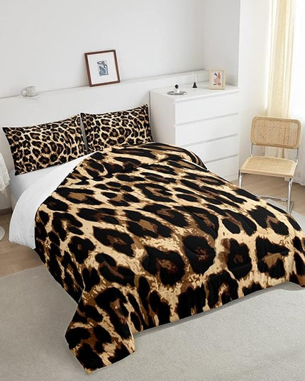 Black Brown Leopard Print Comforter Set Women Cheetah Printed Bedding Set Men Africa Animal Wildlife Duvet Set for Kids Girls Teens Bedroom Decor Luxury Home Hotel Room Soft Comforter Queen Size 3Pcs - LeafyLoom
