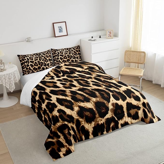 Black Brown Leopard Print Comforter Set Women Cheetah Printed Bedding Set Men Africa Animal Wildlife Duvet Set for Kids Girls Teens Bedroom Decor Luxury Home Hotel Room Soft Comforter Queen Size 3Pcs - LeafyLoom