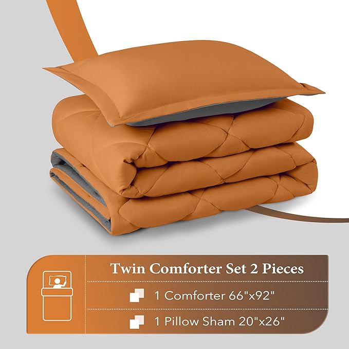 downluxe Twin Comforter Set - Burnt Orange and Grey Twin Comforter, Soft Bedding Sets for All Seasons -2 Pieces - 1 Comforter (66"x92") and 1 Pillow Sham(20"x26") - LeafyLoom
