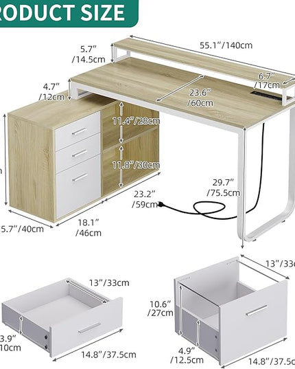 YITAHOME L Shaped Desk with Drawers, 55" Corner Computer Desk with Power Outlets, L-Shaped Desk with LED Lights & File Cabinet for Home Office, White & Oak - LeafyLoom