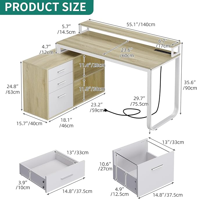 YITAHOME L Shaped Desk with Drawers, 55" Corner Computer Desk with Power Outlets, L-Shaped Desk with LED Lights & File Cabinet for Home Office, White & Oak - LeafyLoom