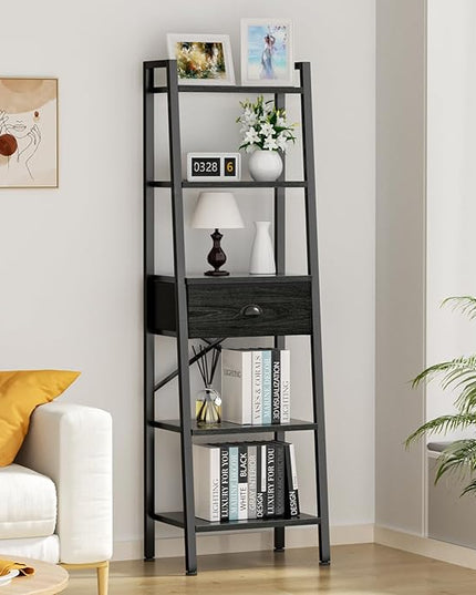 Furologee 5 Tier BookShelf, Ladder Shelf with Drawer, Tall Bookcase Corner Shelf, Narrow Shelf Industrial Display Standing Units for Home Office, Living Room, Bedroom, Kitchen, Black Oak - LeafyLoom