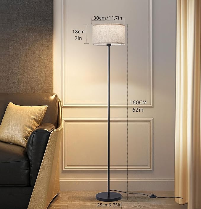 Modern Simple Floor Lamp Design with White Shade, Foot Pedal Switch, Minimalism floor Lamp for Living Room Bedroom Office Dining Room Kitchen, Black Pole Lamp (with Bulb) - LeafyLoom