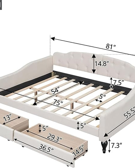 Full Size Upholstered Daybed with 2 Storage Drawers,Linen Sofa Bed W/Button Tufted Back & Nailhead Decorated Waved Shape Arms,Slat Support,Bedframe for Bedroom Livingroom Small Space,Beige - LeafyLoom