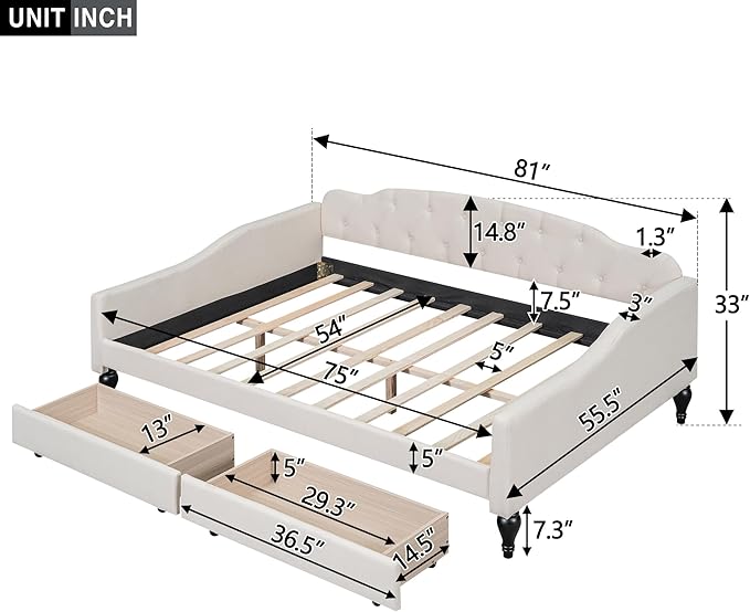 Full Size Upholstered Daybed with 2 Storage Drawers,Linen Sofa Bed W/Button Tufted Back & Nailhead Decorated Waved Shape Arms,Slat Support,Bedframe for Bedroom Livingroom Small Space,Beige - LeafyLoom