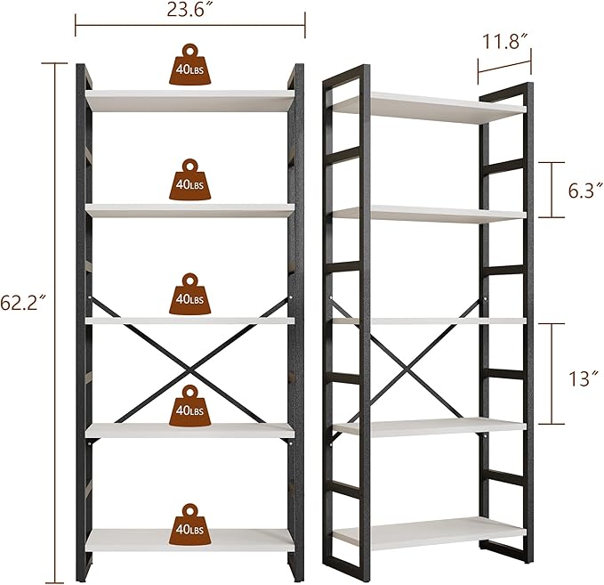 Shintenchi 5 Tiers Bookshelf, Classically Tall Bookcase Shelf,Industrial Book Rack,Modern Book Holder in Bedroom/Living Room/Office, Storage Rack Shelves for Books/Movies,11.8" Dx23.6 Wx62.2 H,White - LeafyLoom