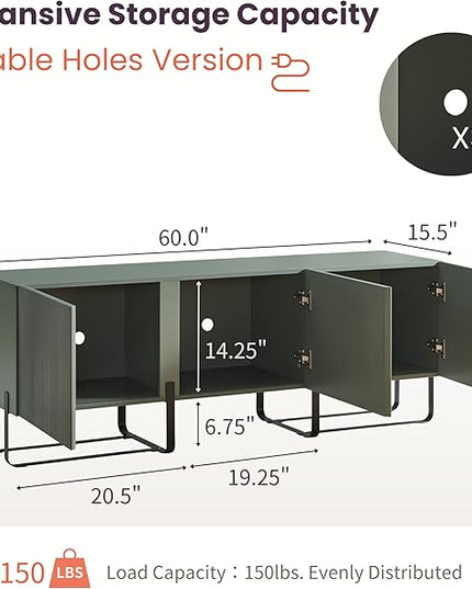 24/7 Shop at Home Mignon Contemporary Modern Style 60" TV Stand with 3 Storage Cabinets, Fits 65 Inches, Entertainment Center Console for Family, Living Room & Bedroom, Metal Legs, Green - LeafyLoom