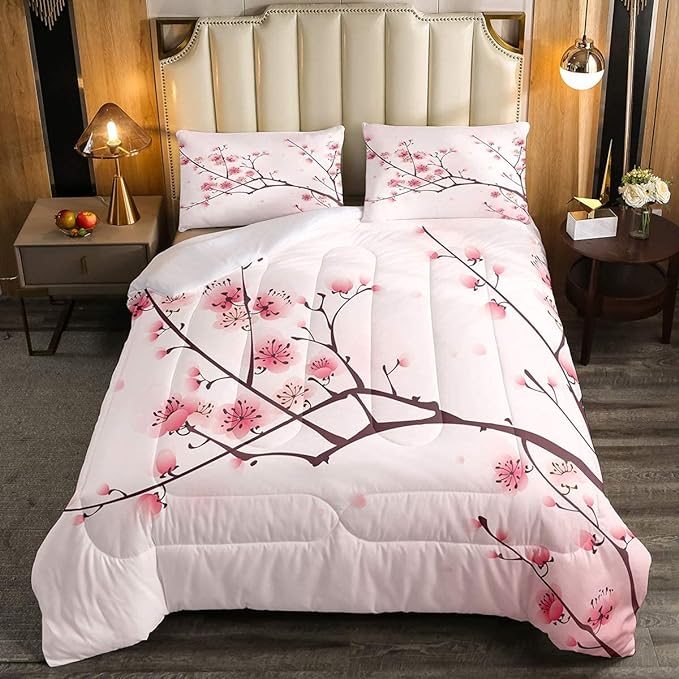 Erosebridal Cherry Blossoms Comforter Set Twin, Girl Pink Floral Down Comforter, Japanese Spring Bedding Set, Pale Pink Blossom Petal Quilted Duvet, Branch Floral Duvet Set for Women,Girly Romantic - LeafyLoom