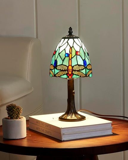 Stained Glass Dragonfly Design Table or Desk Light, Tiffany Style mini table Lamp-, LED Bulb Included-Vintage Look Colorful Accent Decor - LeafyLoom