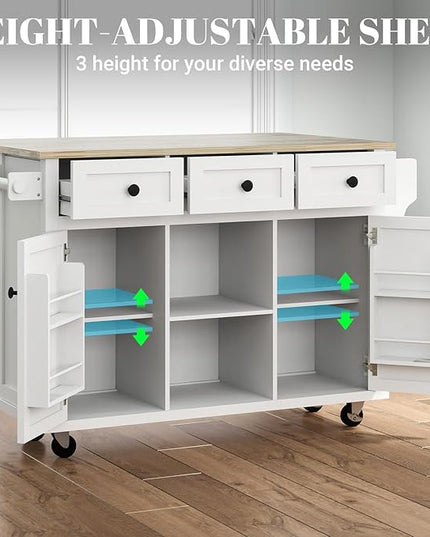 Rolling Kitchen Island with Drop Leaf Kitchen Island On Wheels with Storage Large 53in Wood Portable Kitchen Islands White with Drawers Cabinet Spice Towel Rack Storage for Kitchen - LeafyLoom