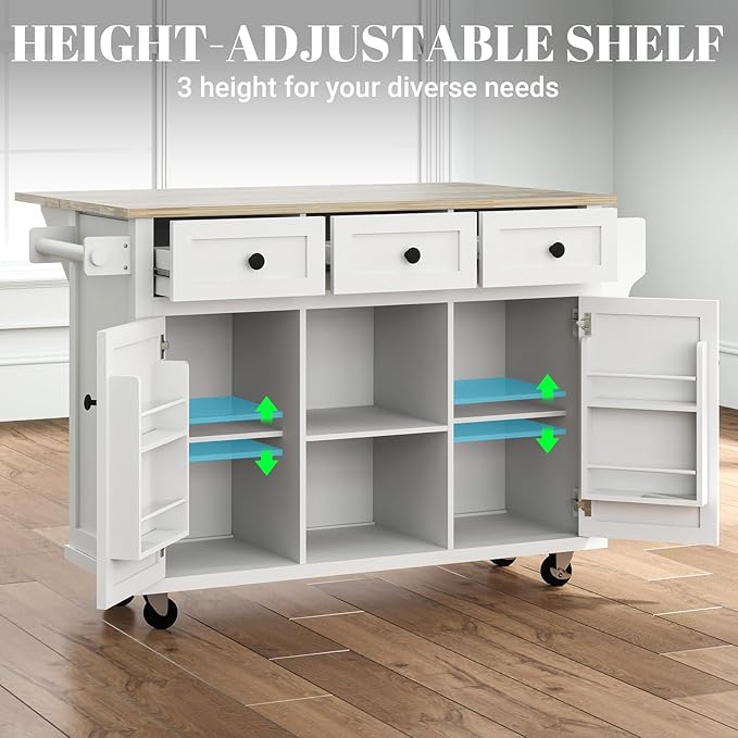Rolling Kitchen Island with Drop Leaf Kitchen Island On Wheels with Storage Large 53in Wood Portable Kitchen Islands White with Drawers Cabinet Spice Towel Rack Storage for Kitchen - LeafyLoom