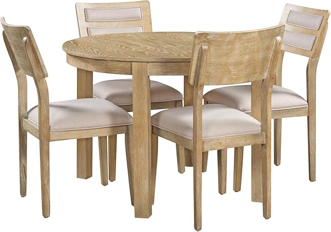5-Piece Farmhouse Extendable Round Dining Table Set with Two 4 Upholstered Chairs for Kitchen, Breakfast Nook, Living Room, 42"-56" L x 42" W x 30" H, Natural Wood Wash(2 Small Drawers) - LeafyLoom