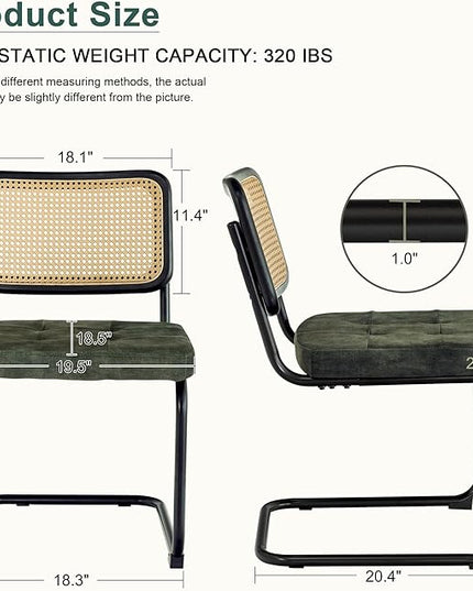 Mid Century Modern Dining Chairs Set of 2, Rattan Cantilever Kitchen Chairs, Dining Room Chairs Old Green Upholstered, Solid Wood Cane Back, Black Stainless Chrome Base Heavy Duty - LeafyLoom