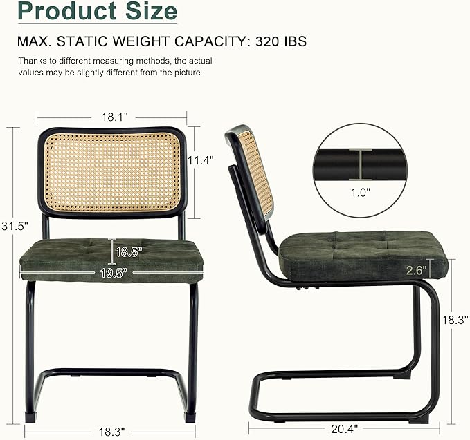 Mid Century Modern Dining Chairs Set of 2, Rattan Cantilever Kitchen Chairs, Dining Room Chairs Old Green Upholstered, Solid Wood Cane Back, Black Stainless Chrome Base Heavy Duty - LeafyLoom