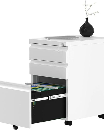 YITAHOME 3-Drawer Mobile File Cabinet with Lock, Office Storage Filing Cabinet for Legal/Letter Size, Pre-Assembled Metal File Cabinet Except Wheels Under Desk -White - LeafyLoom