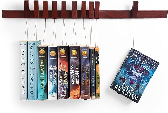 Floating Wall Bookshelf - Wall Mounted Book Organizer with Included Bookmarks - Hardwood Hanging Bookshelf for Bedroom, Living Room, or Kitchen - A Thoughtful Gift for Book Lovers (Dark) - LeafyLoom