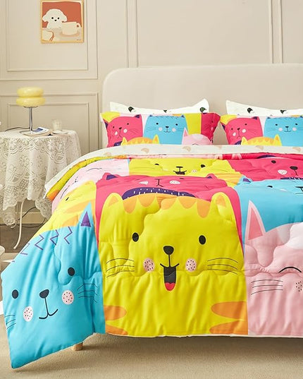 Wajade Kids Cute Cats Comforter Set Bed in A Bag Full Size 7 Piece Colorful Cartoon Pet Cats Bedding Set for Boys Girls (1 Comforter, 1 Flat Sheet, 1 Fitted Sheet, 2 Pillowcase and 2 Pillow Sham) - LeafyLoom
