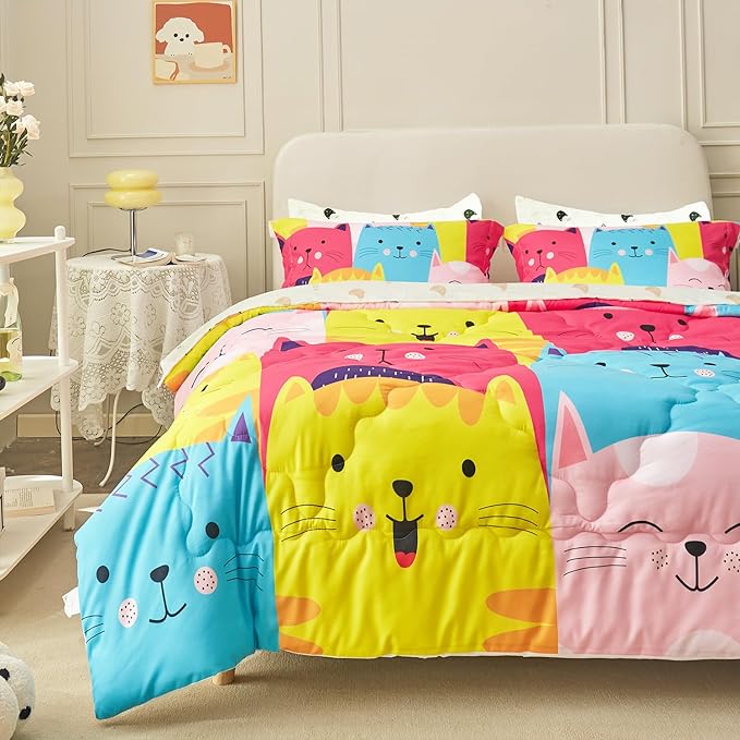 Wajade Kids Cute Cats Comforter Set Bed in A Bag Full Size 7 Piece Colorful Cartoon Pet Cats Bedding Set for Boys Girls (1 Comforter, 1 Flat Sheet, 1 Fitted Sheet, 2 Pillowcase and 2 Pillow Sham) - LeafyLoom